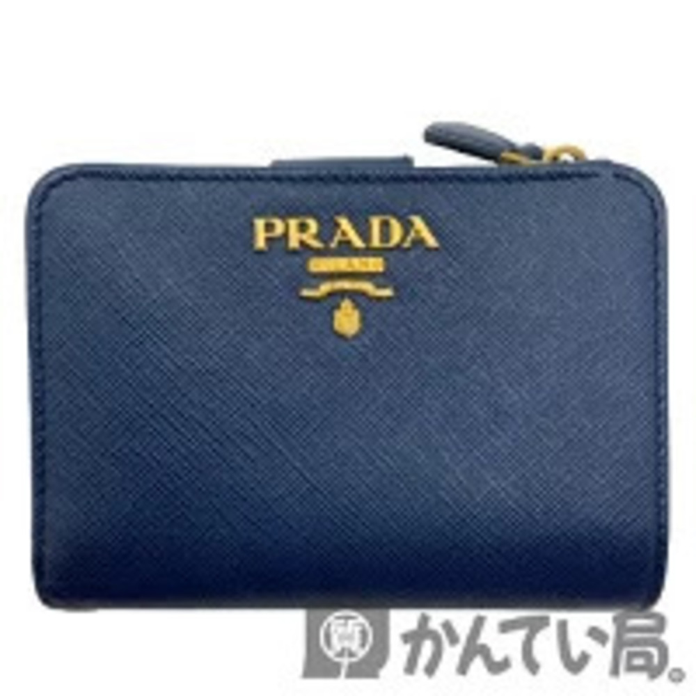 PRADA Saffiano Bi fold Wallet Compact Zipper Blue